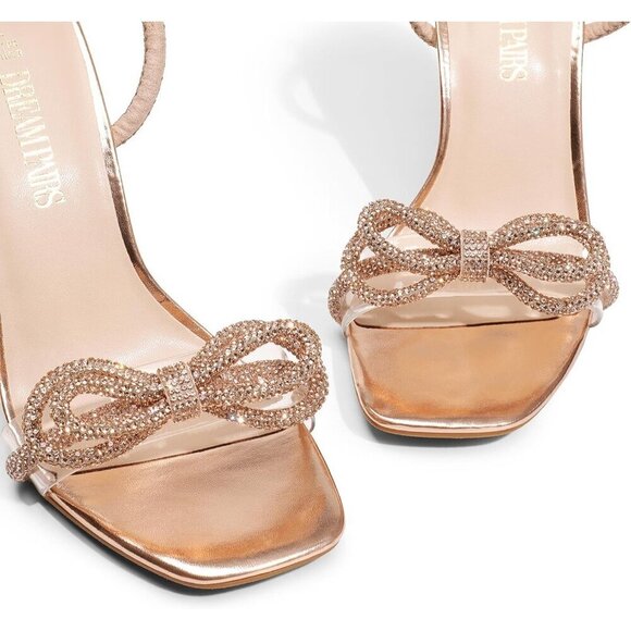 Women's Tan Double Bowknots Crystal  Sandals Clear Slingback Heels - Picture 5 of 7